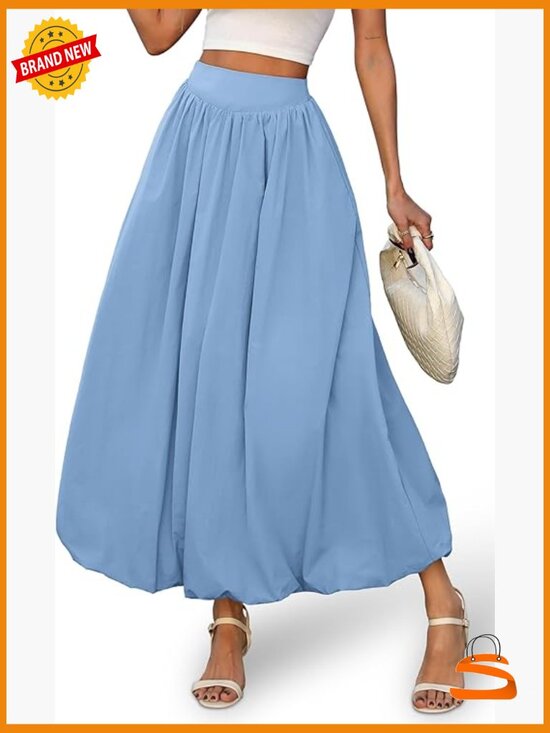 Dresses & Skirts - Bubble Hem Maxi Skirt - Elastic Waist A-Line with Pockets - Lightweight